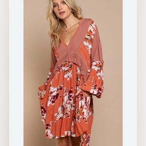 POL Rust Floral V-Neck Mini Dress
